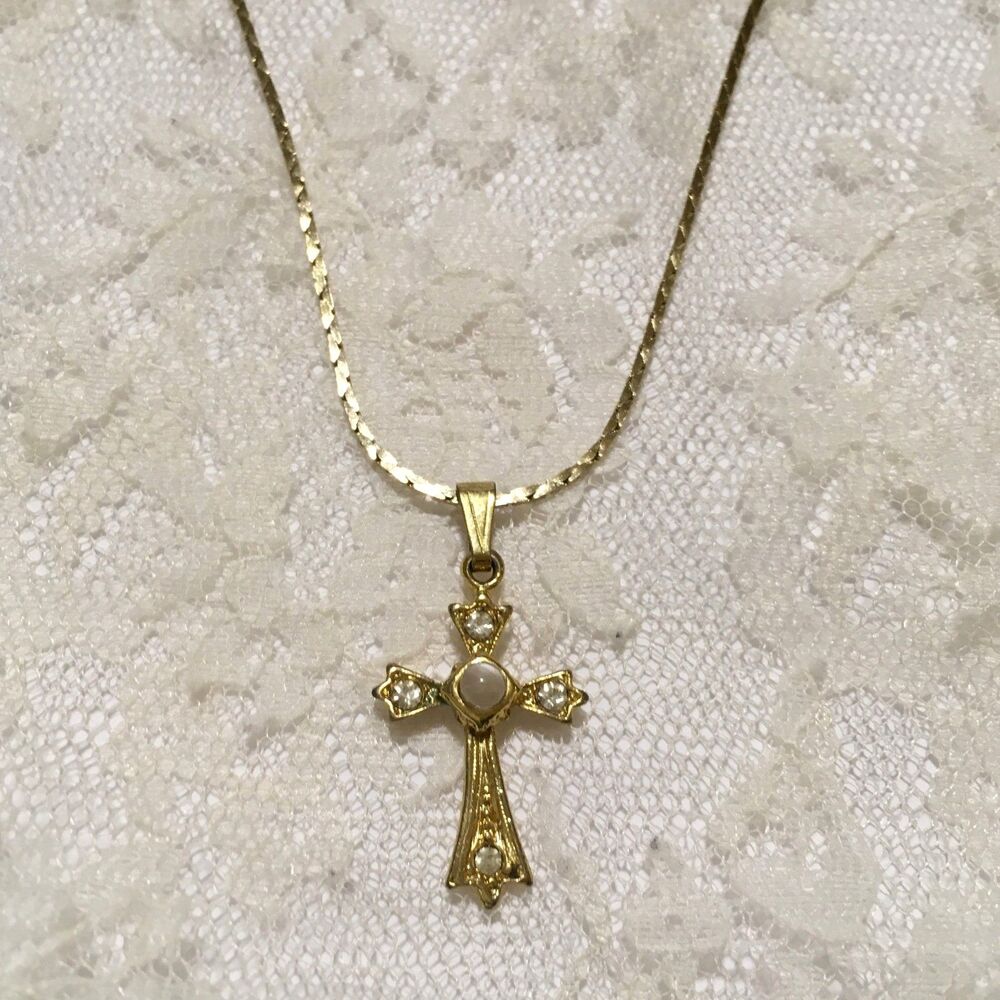 Vintage Cross Pendant Necklace Clear Rhinestones and Center Cabochon Gold Tone